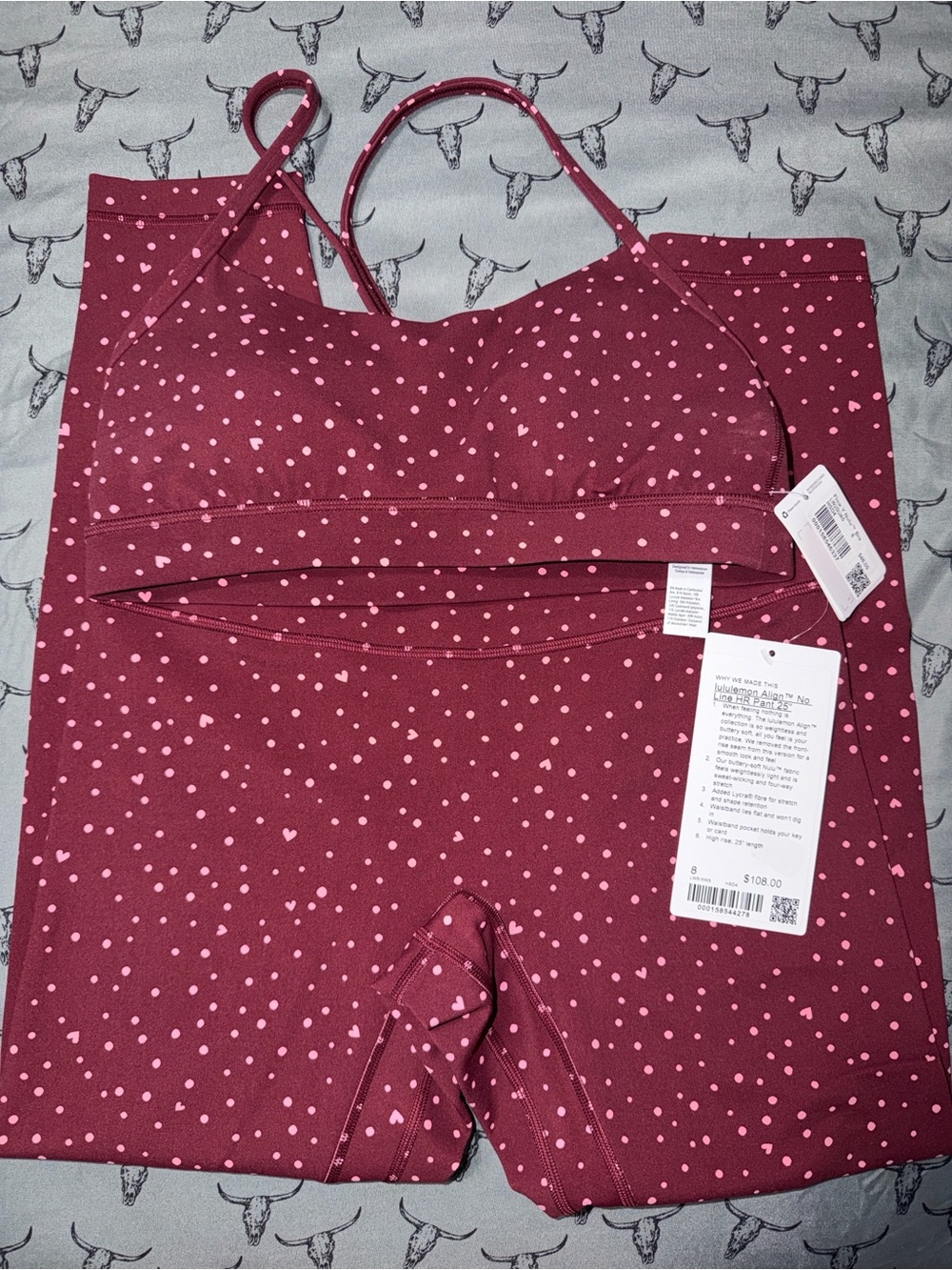 lululemon athletica Burgundy Leggings & Bra Set with Pink Heart Dot Print